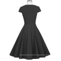 Belle Poque Retro Vintage 1950&#39;s Cap Sleeve V-Neck Black Party Swing Dress BP000372-1